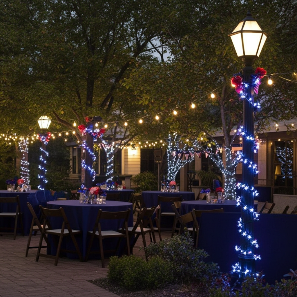 TREE-Z® Wrap - Outdoor evening setting with decorated tables and festive lights.